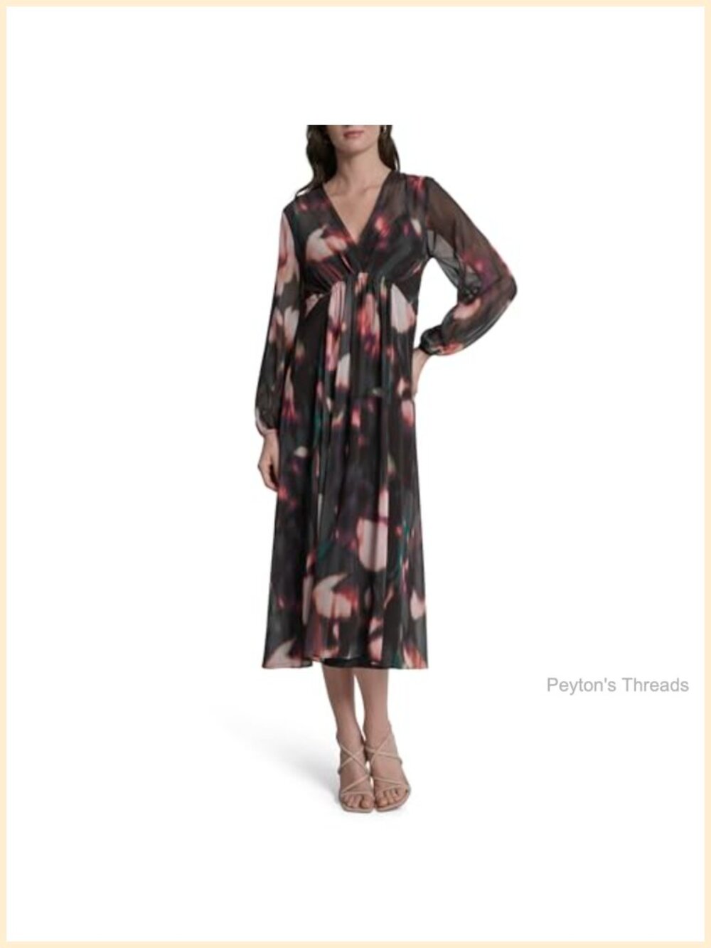DKNY Long Balloon Sleeve V-Neck Empire Waist Midi Dress Fall Work